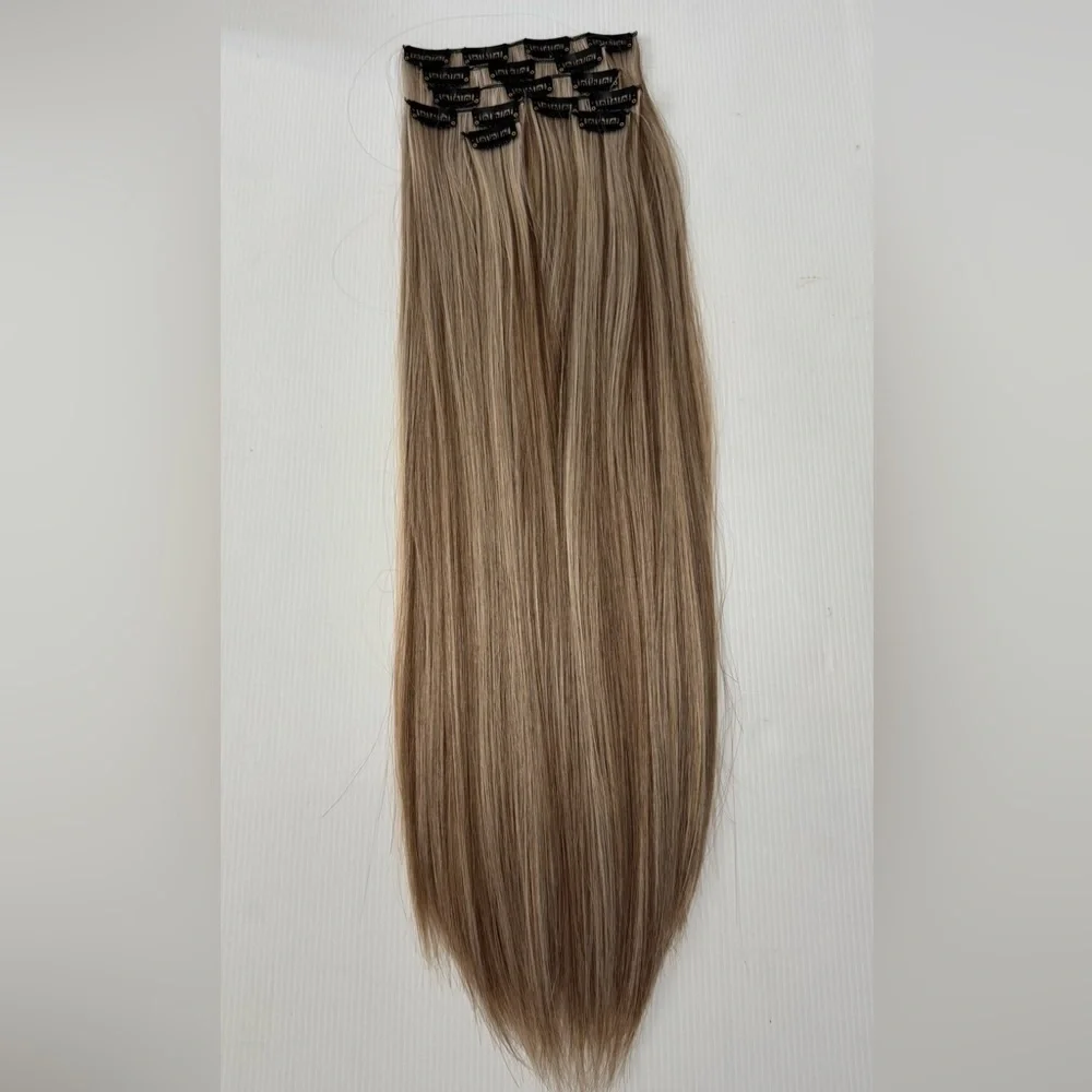 Human hair blend Light Brown With Light Blonde highlights Hair Extensions 22 in